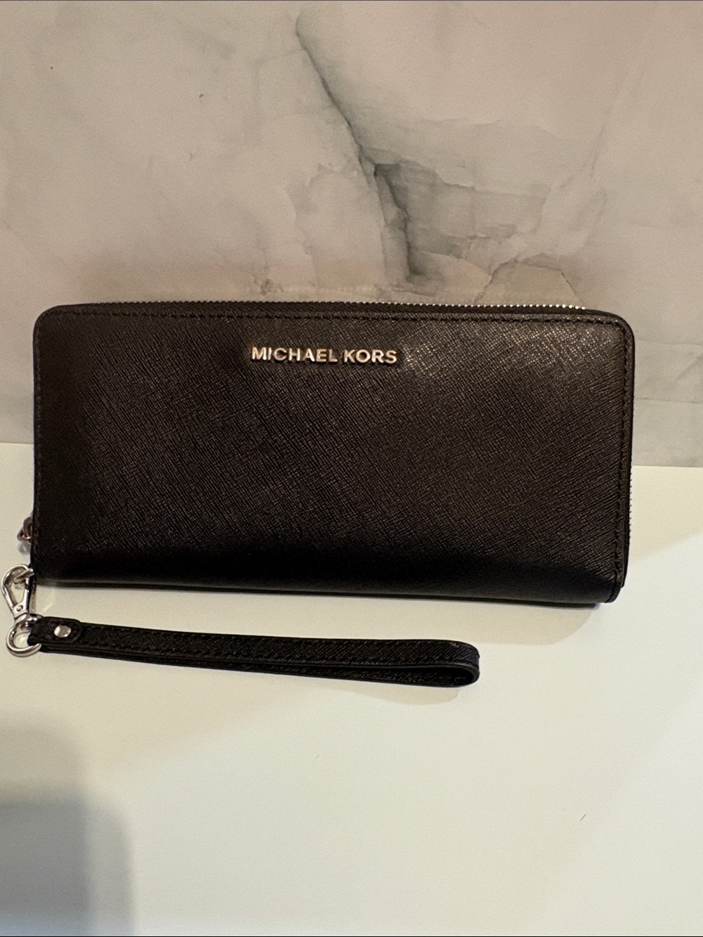 Michael Kors Black Zip-Around Wristlet Wallet with Gold Logo